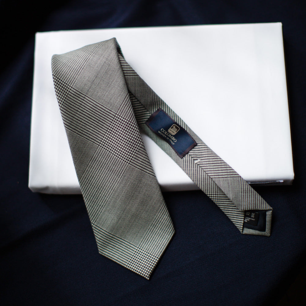 Colombo Glen Check Pattern White Black Wool Tie
