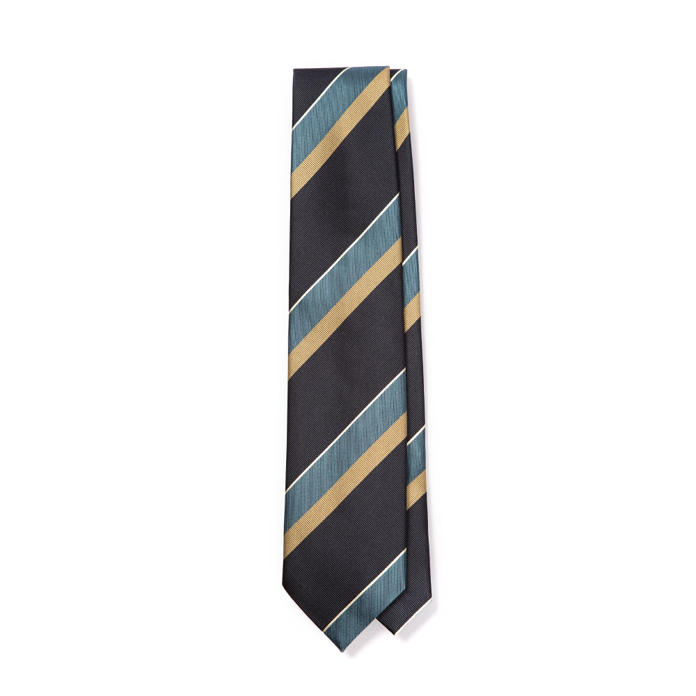 Block Stripe Dark Navy Blue Gold Silk Tie