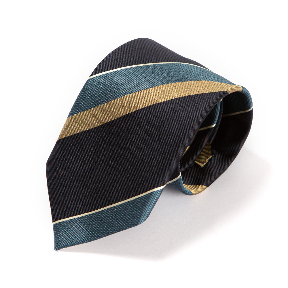 Block Stripe Dark Navy Blue Gold Silk Tie