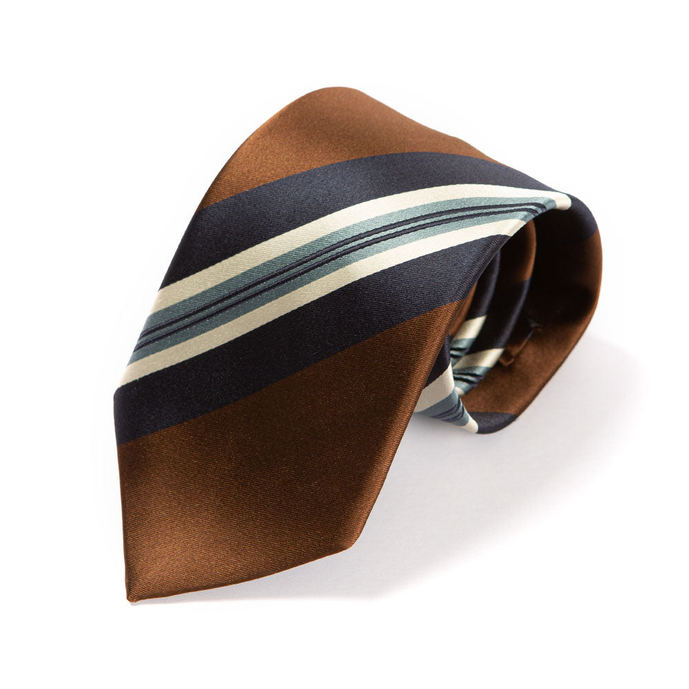 Wide Stripe Brown Navy White Silk Tie