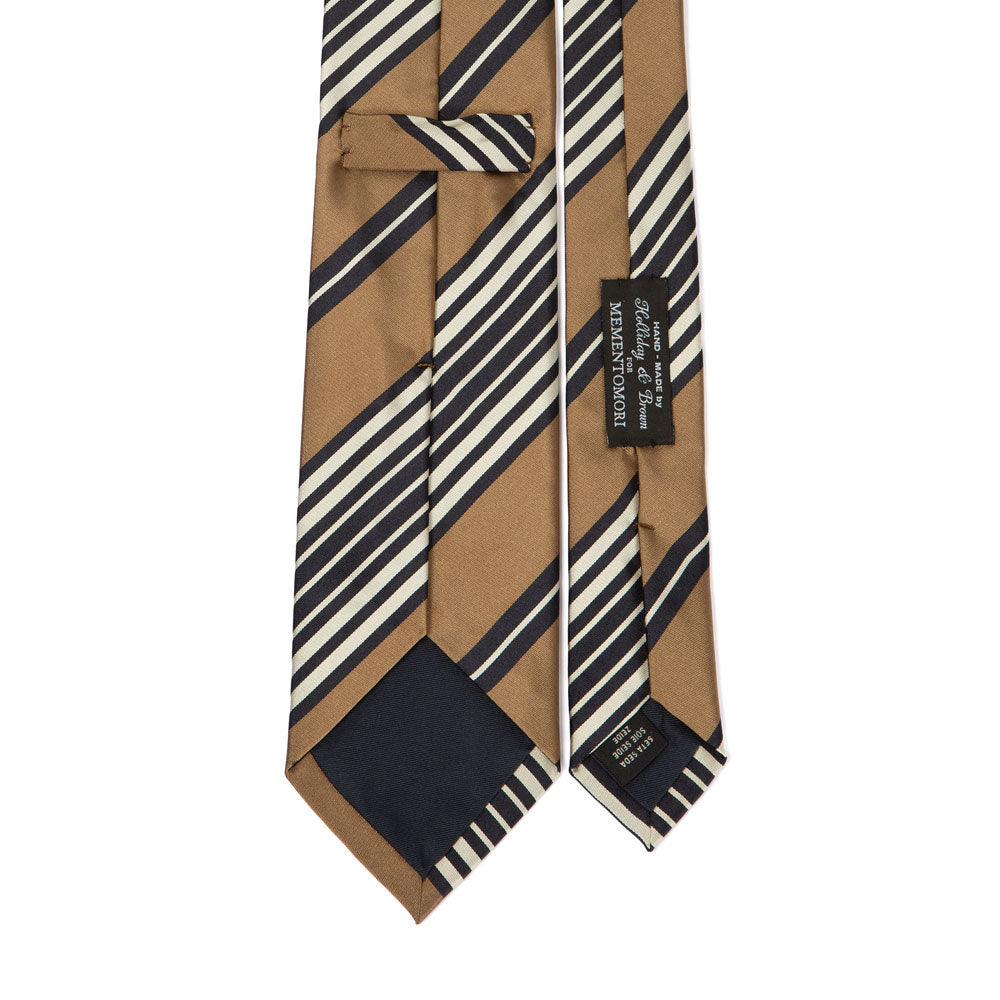 Unique Block Stripe Champagne Gold Navy Silver Silk Tie