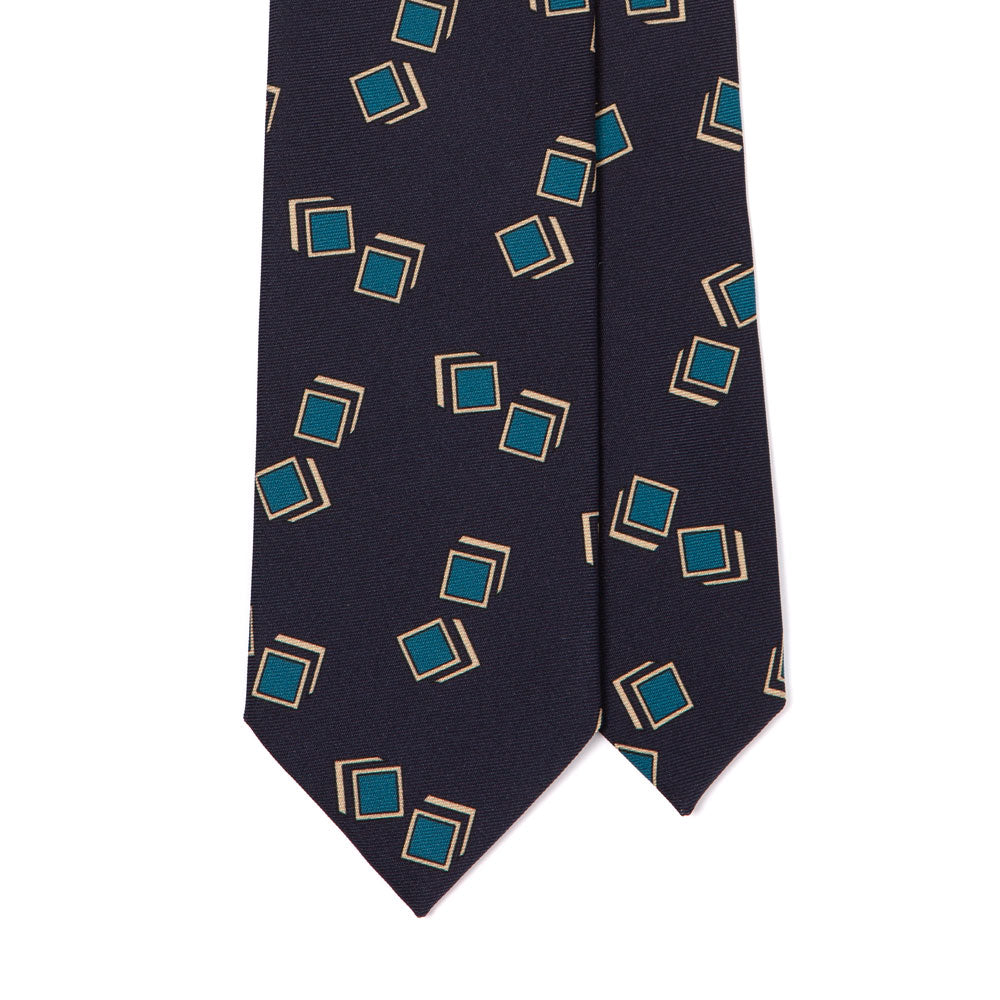 Blue Box Pattern Classic Navy Printed Silk Tie