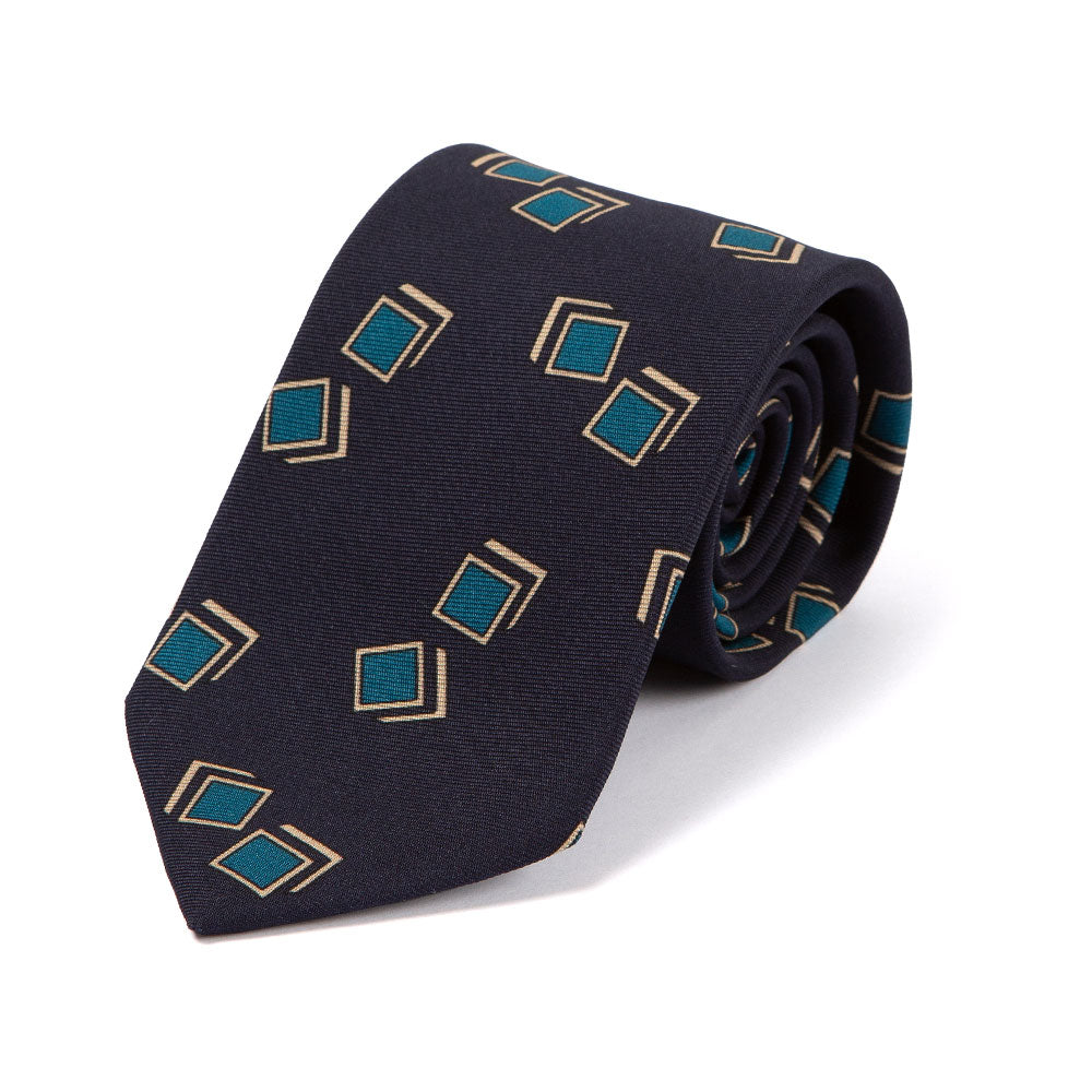 Blue Box Pattern Classic Navy Printed Silk Tie