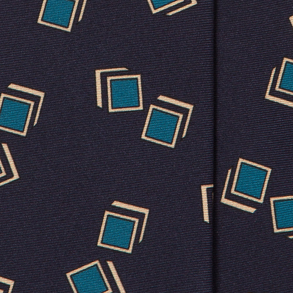 Blue Box Pattern Classic Navy Printed Silk Tie
