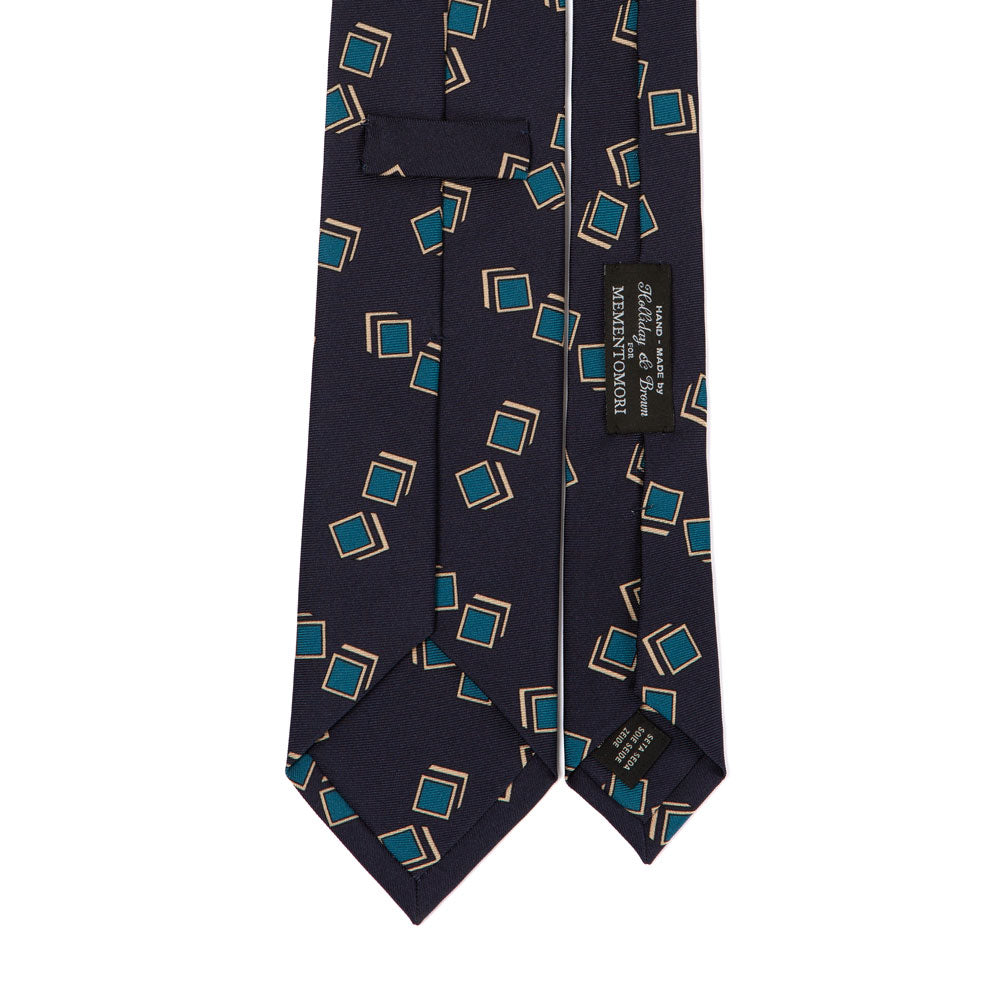 Blue Box Pattern Classic Navy Printed Silk Tie