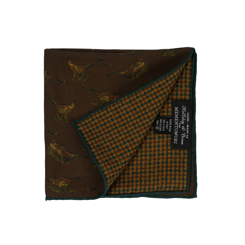 Bird & Houndstooth Double Faced Dark Brown Printed Silk Pocket Square