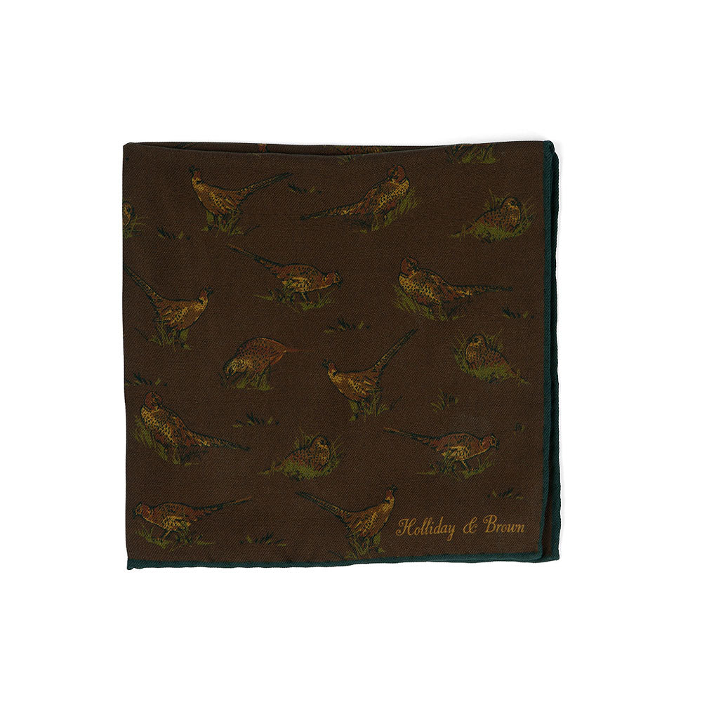 Bird & Houndstooth Double Faced Dark Brown Printed Silk Pocket Square