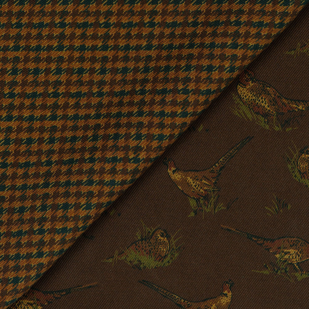Bird & Houndstooth Double Faced Dark Brown Printed Silk Pocket Square