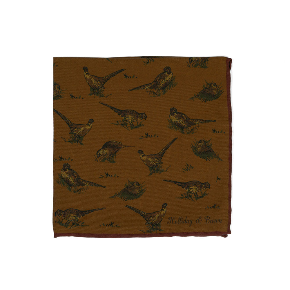 Bird & Houndstooth Double Faced Camel Brown Printed Silk Pocket Square