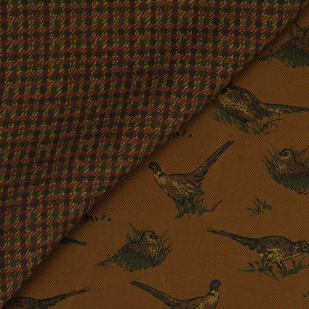 Bird & Houndstooth Double Faced Camel Brown Printed Silk Pocket Square