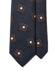 Signature Big Flower Colorful Pattern Dark Navy Brown White Woven Silk Tie