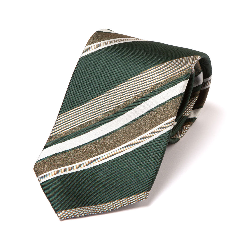 Signature Stripe Green Gold White Woven Silk Tie