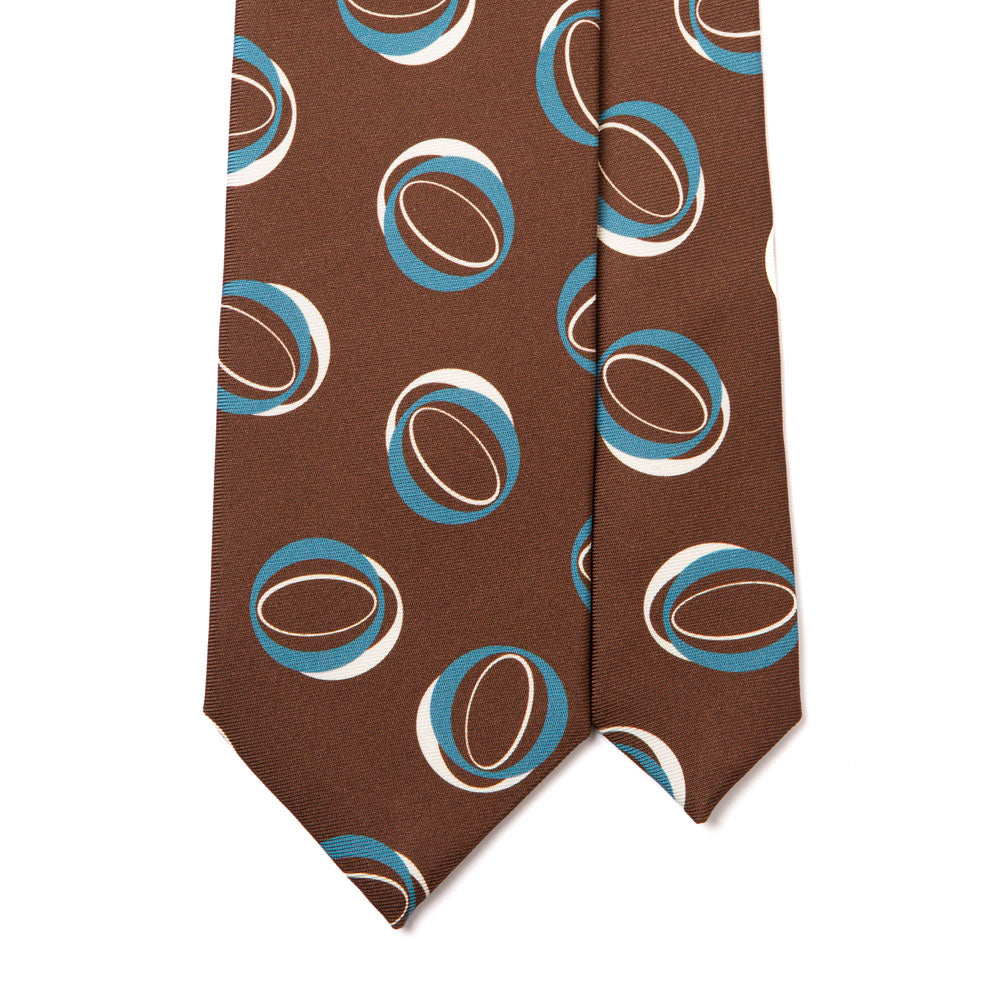 Double Circle Pattern Brown Blue White Printed Silk Tie