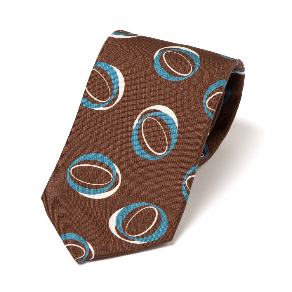 Double Circle Pattern Brown Blue White Printed Silk Tie