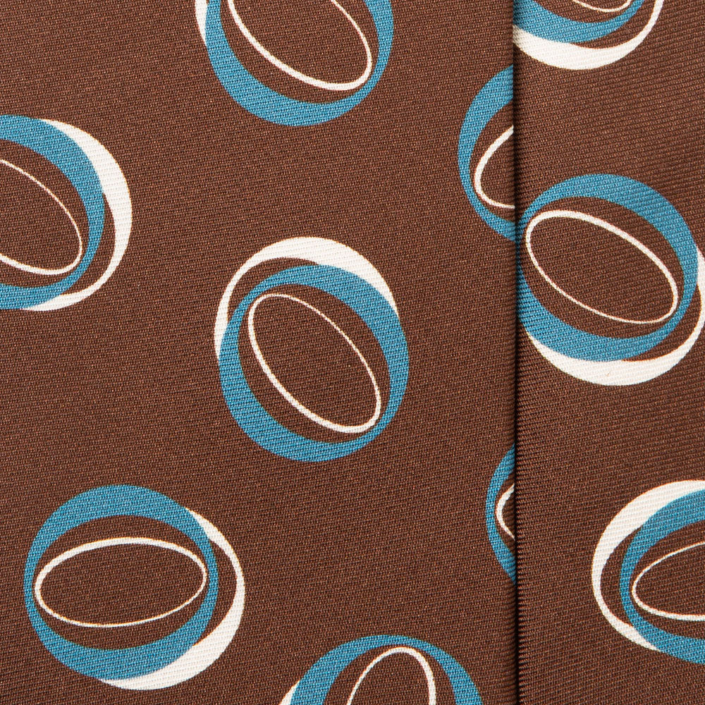 Double Circle Pattern Brown Blue White Printed Silk Tie