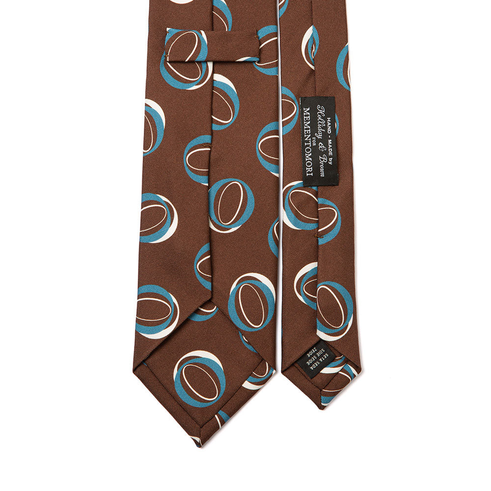 Double Circle Pattern Brown Blue White Printed Silk Tie