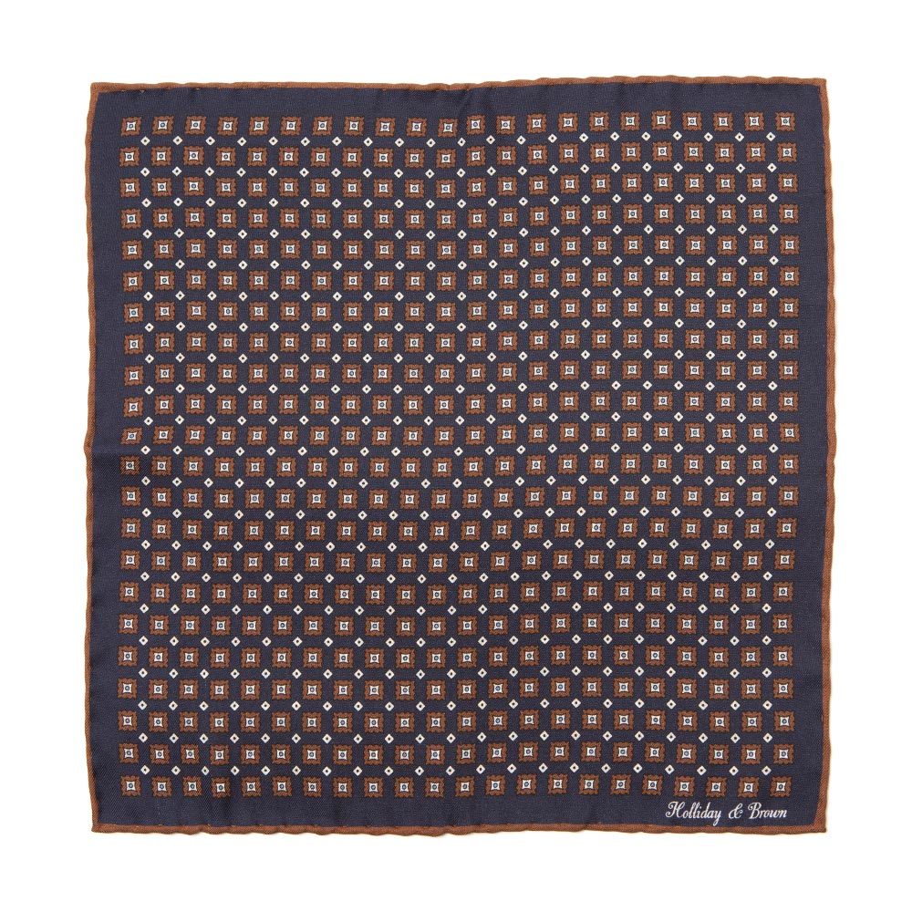 Square & Full Paisley Double Faced Navy Brown Printed Silk Pocket Square