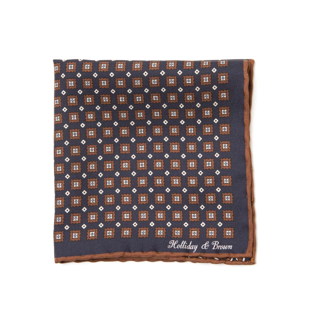 Square & Full Paisley Double Faced Navy Brown Printed Silk Pocket Square