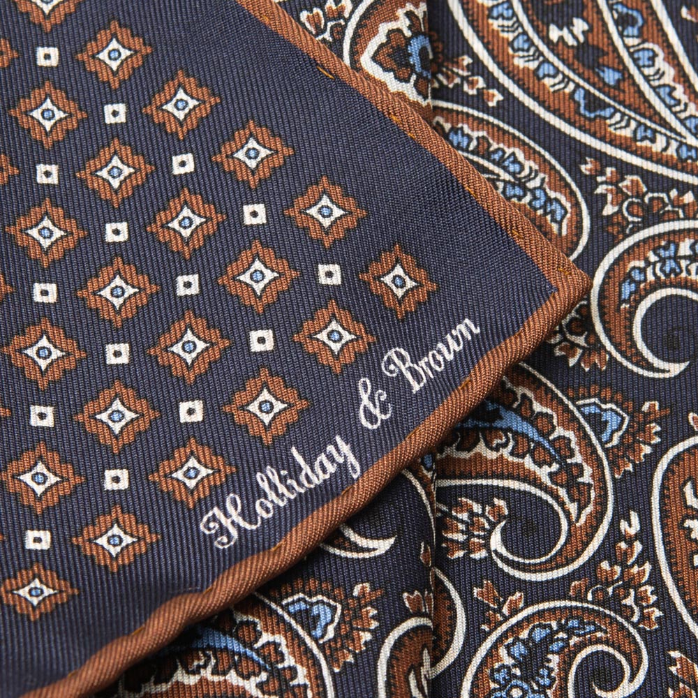 Square & Full Paisley Double Faced Navy Brown Printed Silk Pocket Square