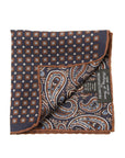 Square & Full Paisley Double Faced Navy Brown Printed Silk Pocket Square