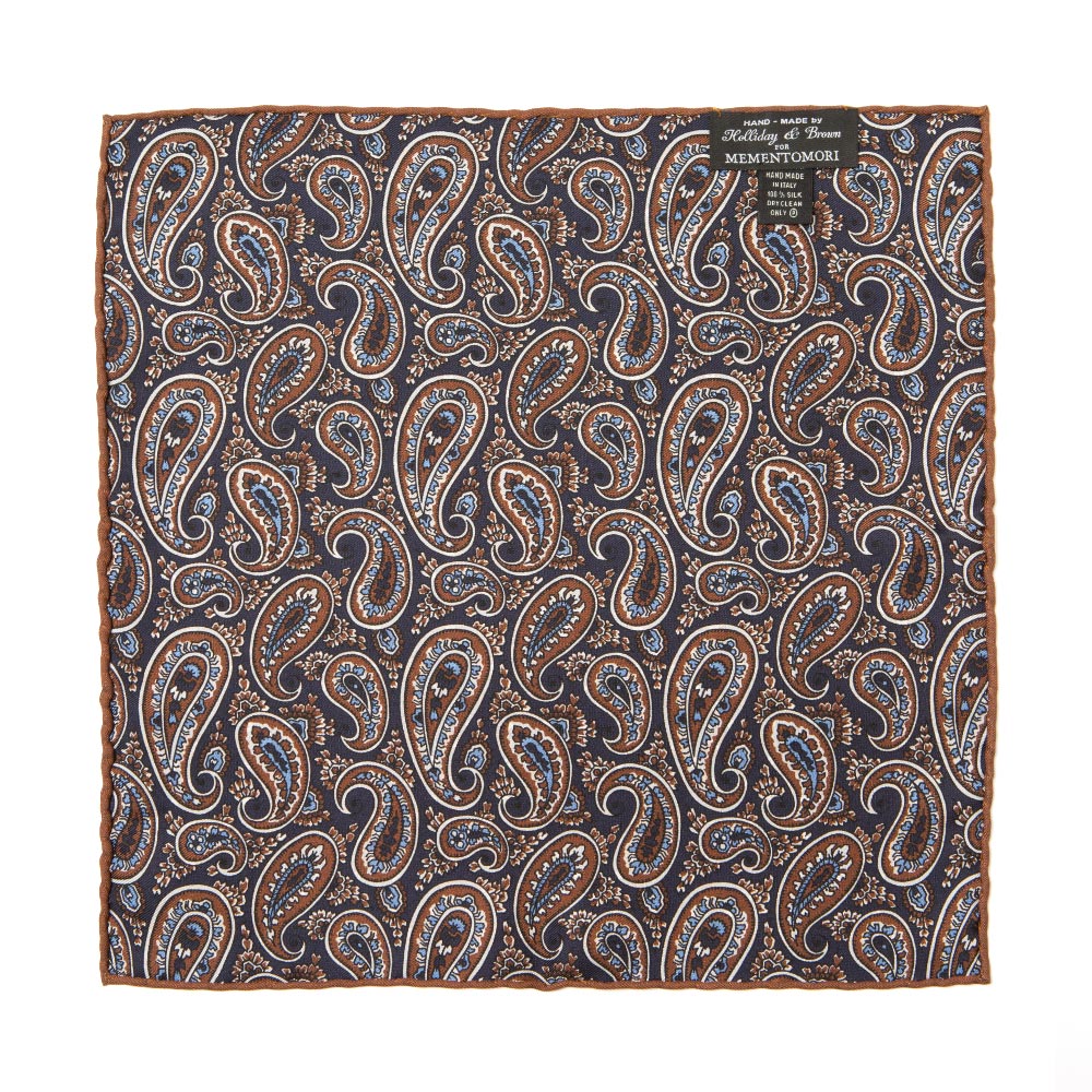 Square & Full Paisley Double Faced Navy Brown Printed Silk Pocket Square