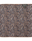 Square & Full Paisley Double Faced Navy Brown Printed Silk Pocket Square