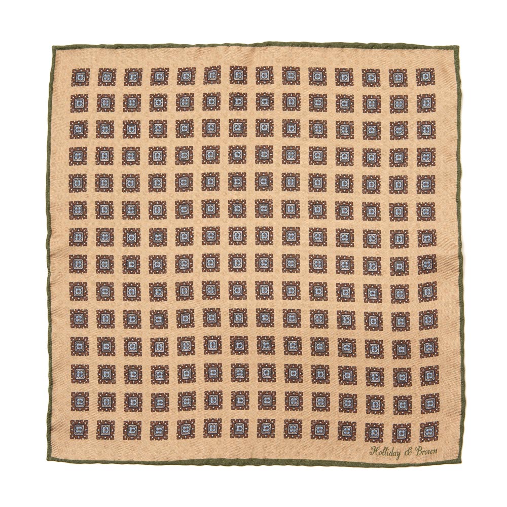 Square & Circle Pattern Double Faced Beige Olive Printed Silk Pocket Square