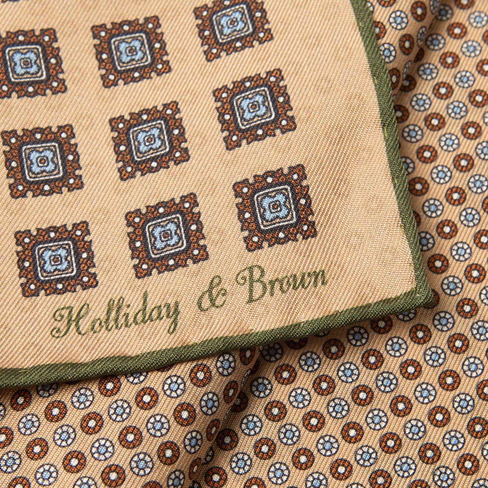 Square & Circle Pattern Double Faced Beige Olive Printed Silk Pocket Square