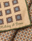 Square & Circle Pattern Double Faced Beige Olive Printed Silk Pocket Square