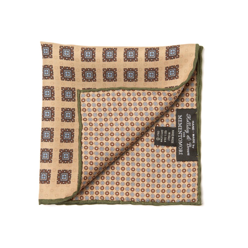 Square & Circle Pattern Double Faced Beige Olive Printed Silk Pocket Square