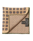 Square & Circle Pattern Double Faced Beige Olive Printed Silk Pocket Square
