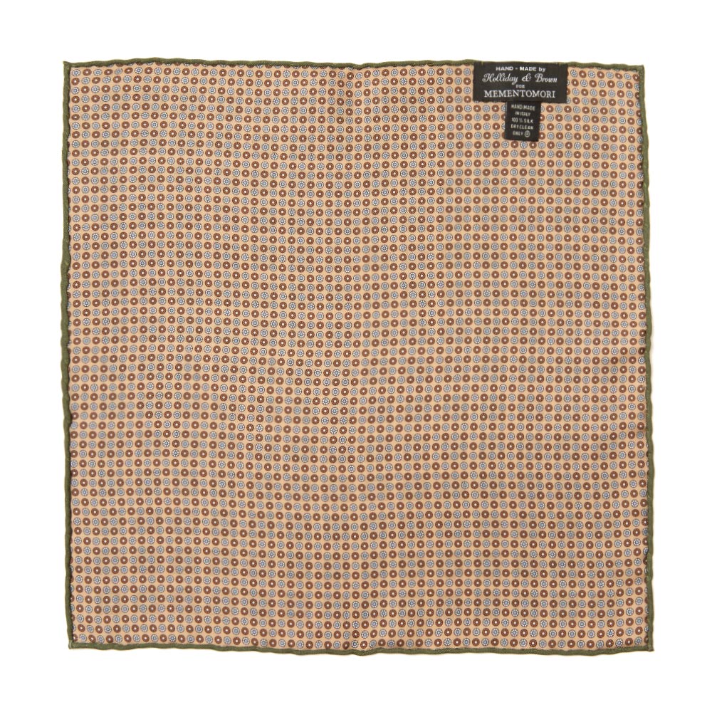 Square & Circle Pattern Double Faced Beige Olive Printed Silk Pocket Square