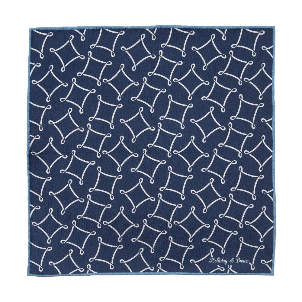 Signature & Dot Pattern Double Faced Navy Blue Printed Silk Pocket Square