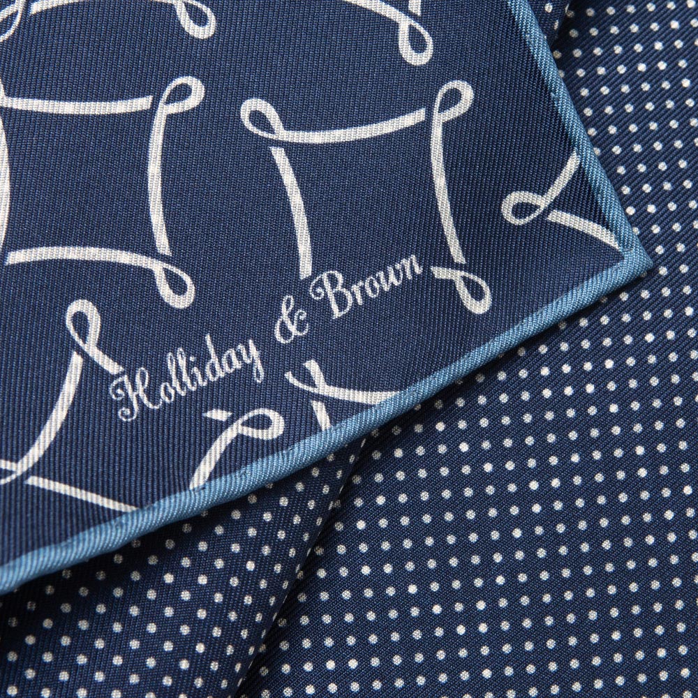 Signature & Dot Pattern Double Faced Navy Blue Printed Silk Pocket Square