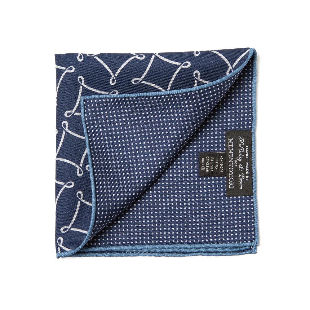 Signature & Dot Pattern Double Faced Navy Blue Printed Silk Pocket Square