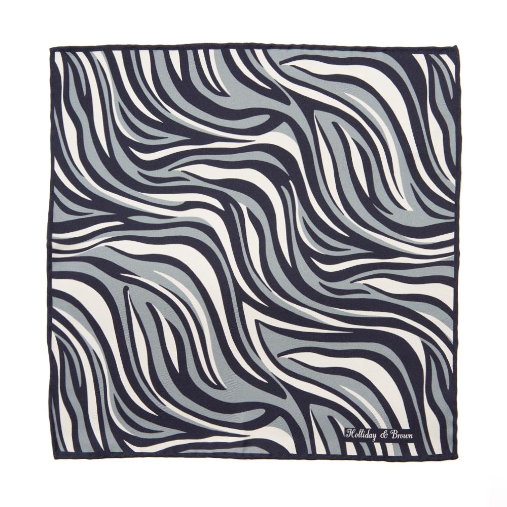 Wave & Solid Double Faced Navy Gray Printed Silk Pocket Square