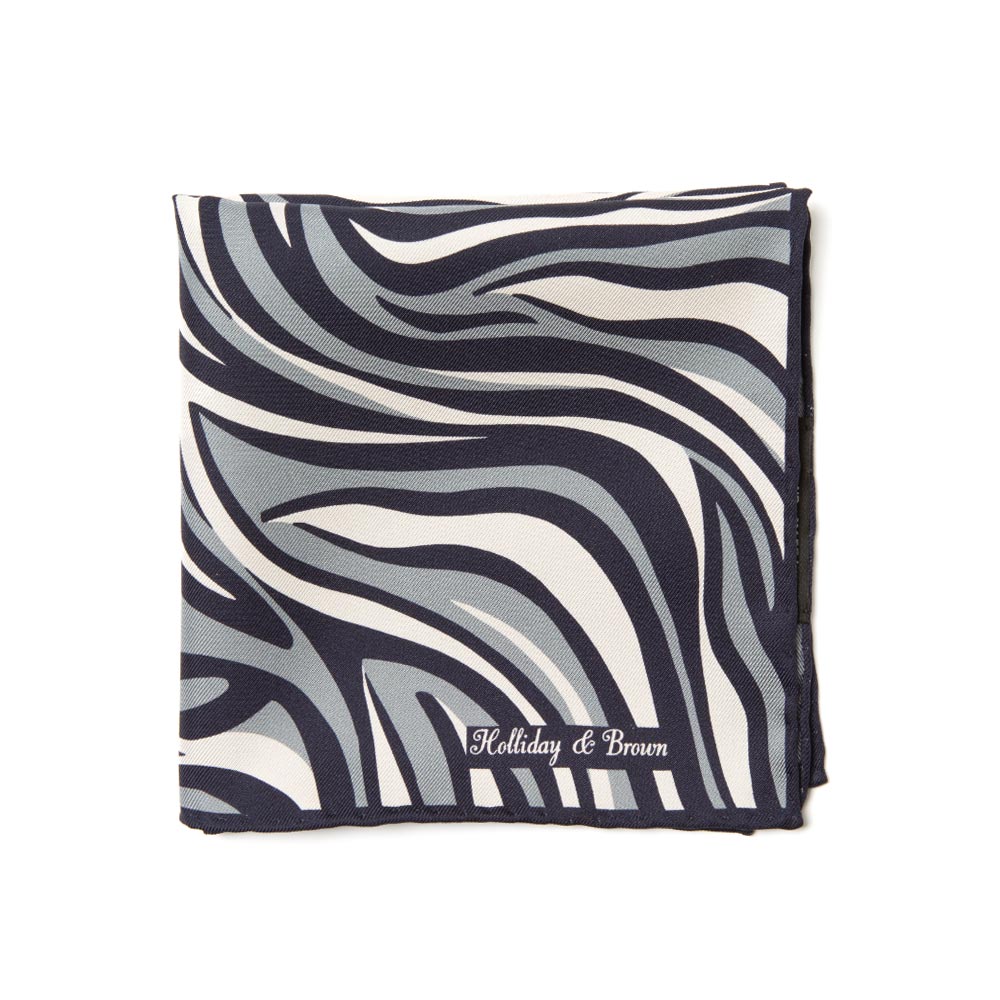 Wave & Solid Double Faced Navy Gray Printed Silk Pocket Square
