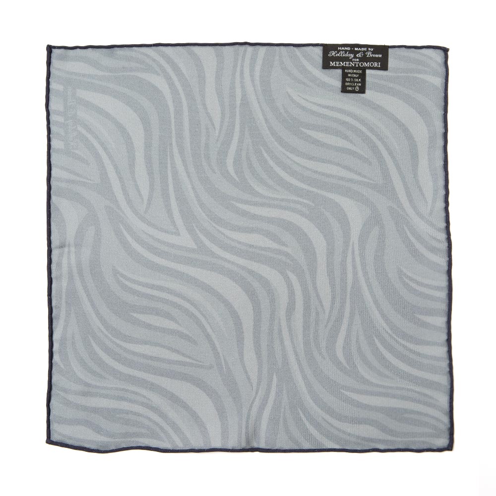 Wave & Solid Double Faced Navy Gray Printed Silk Pocket Square