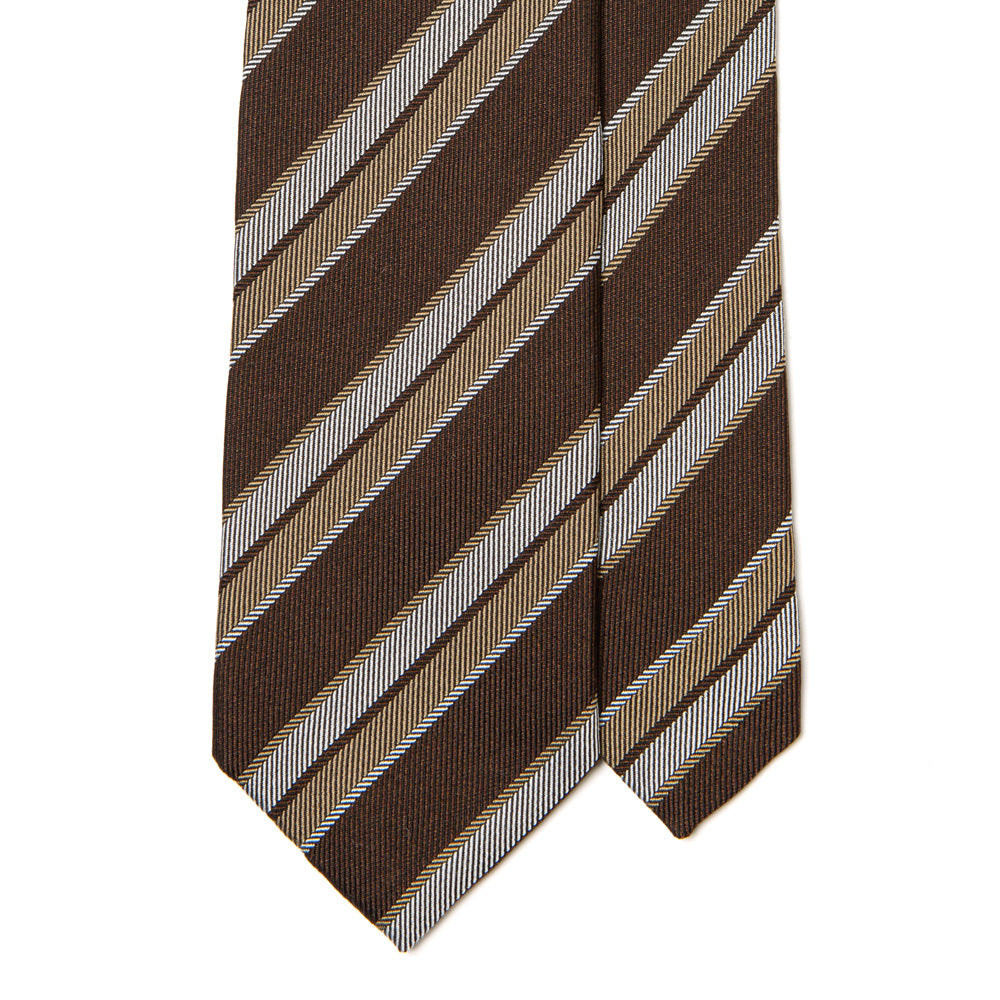 Herringbone Stripe Brown Beige Silver Silk Tie