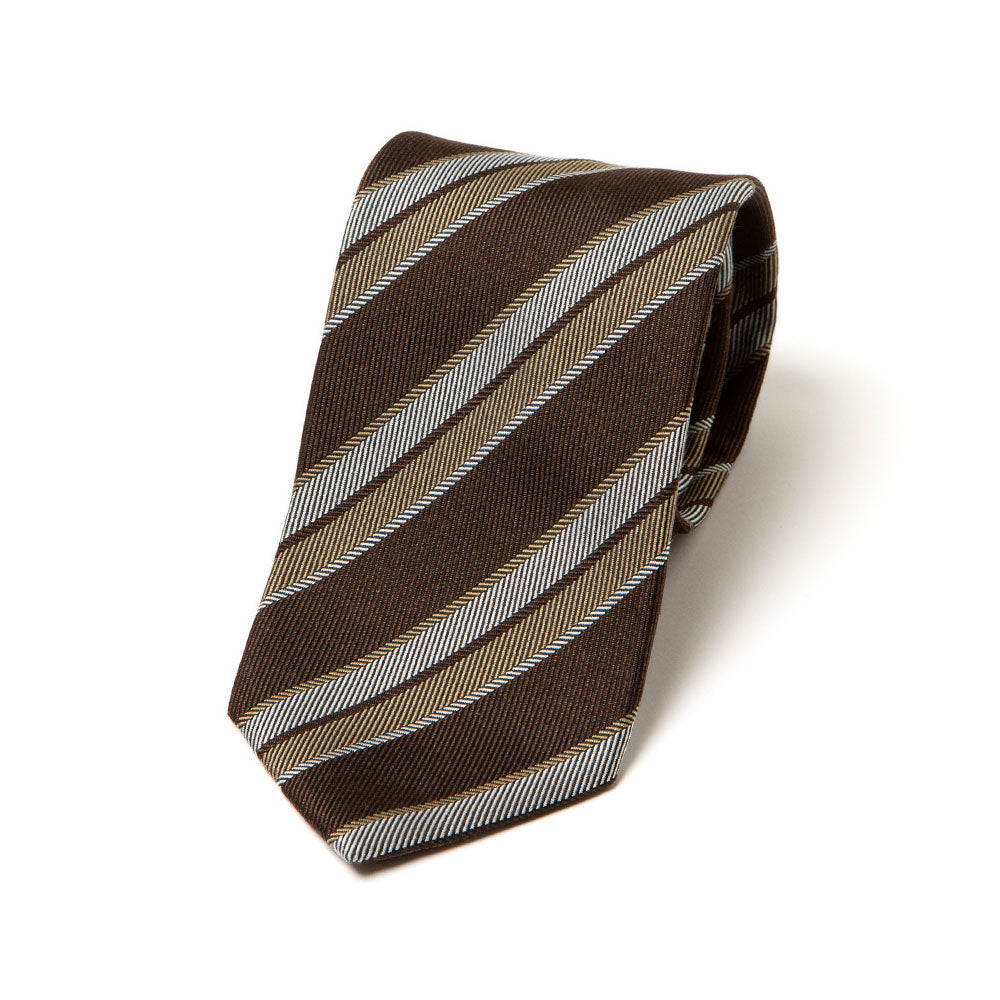 Herringbone Stripe Brown Beige Silver Silk Tie