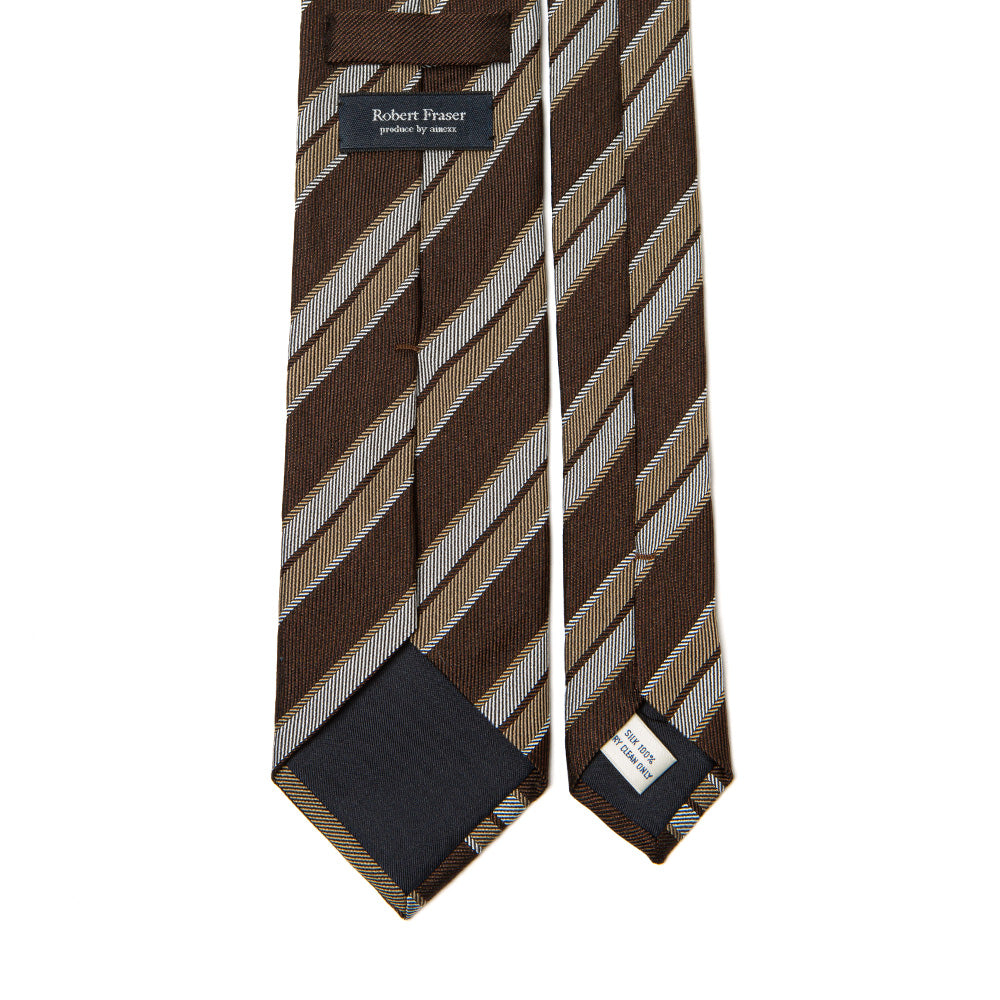 Herringbone Stripe Brown Beige Silver Silk Tie