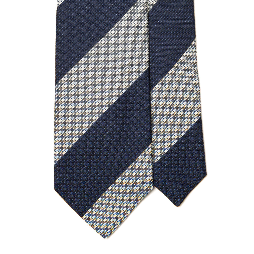 Signature Block Stripe Navy White Woven Silk Linen Tie