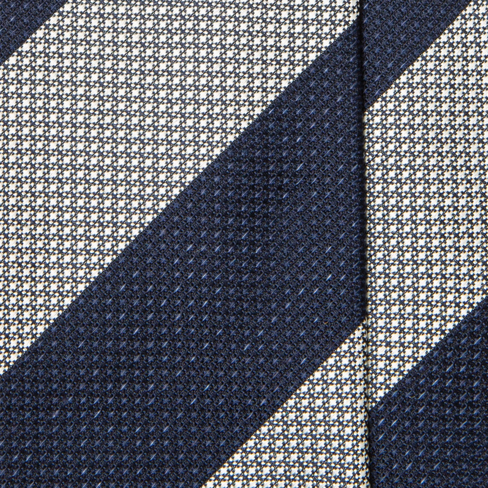 Signature Block Stripe Navy White Woven Silk Linen Tie