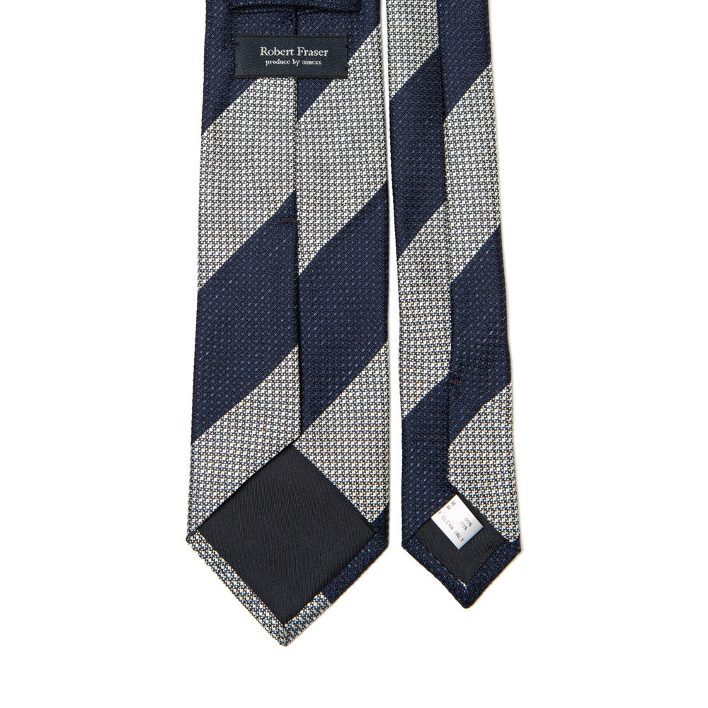 Signature Block Stripe Navy White Woven Silk Linen Tie