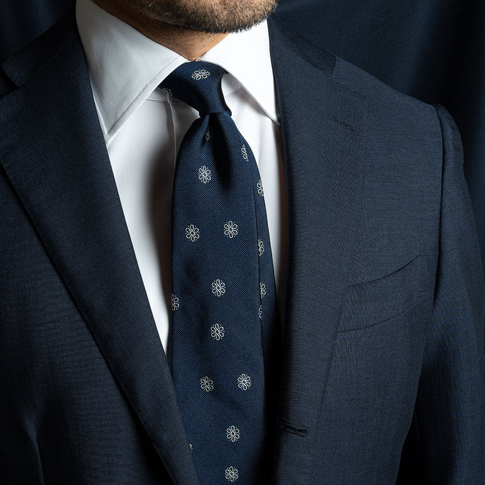 Cosmos Random Pattern Dark Navy Woven Silk Tie