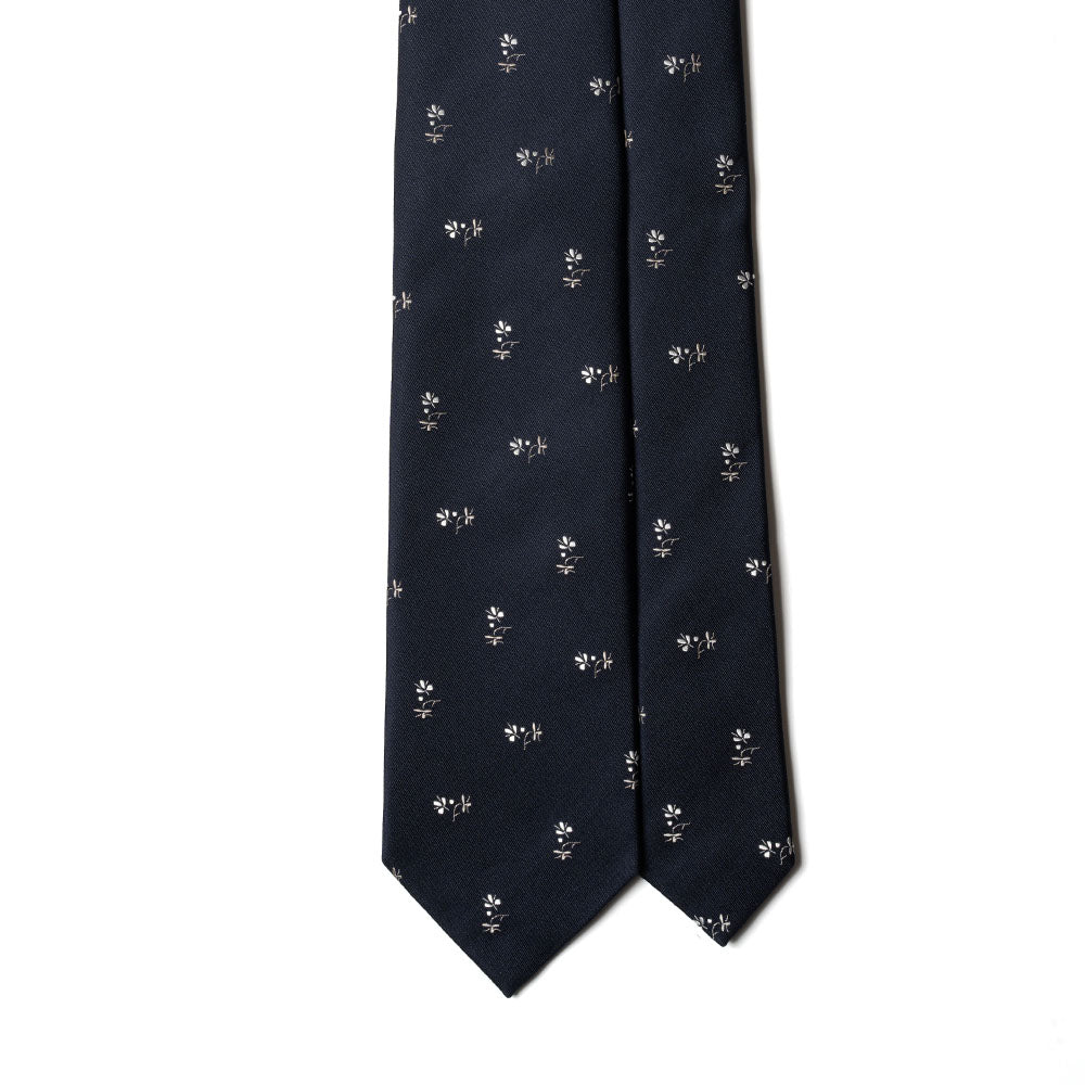 White Flower Pattern Dark Navy Woven Silk Tie