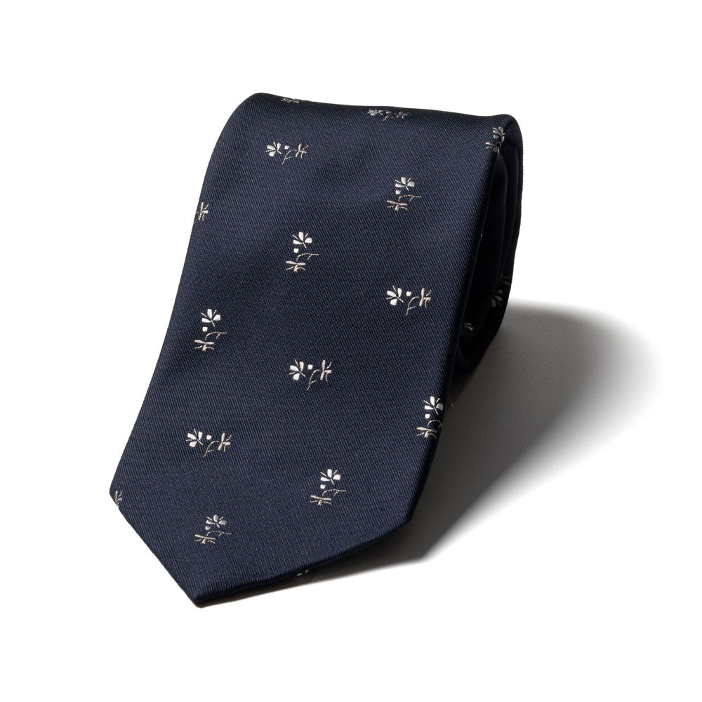 White Flower Pattern Dark Navy Woven Silk Tie