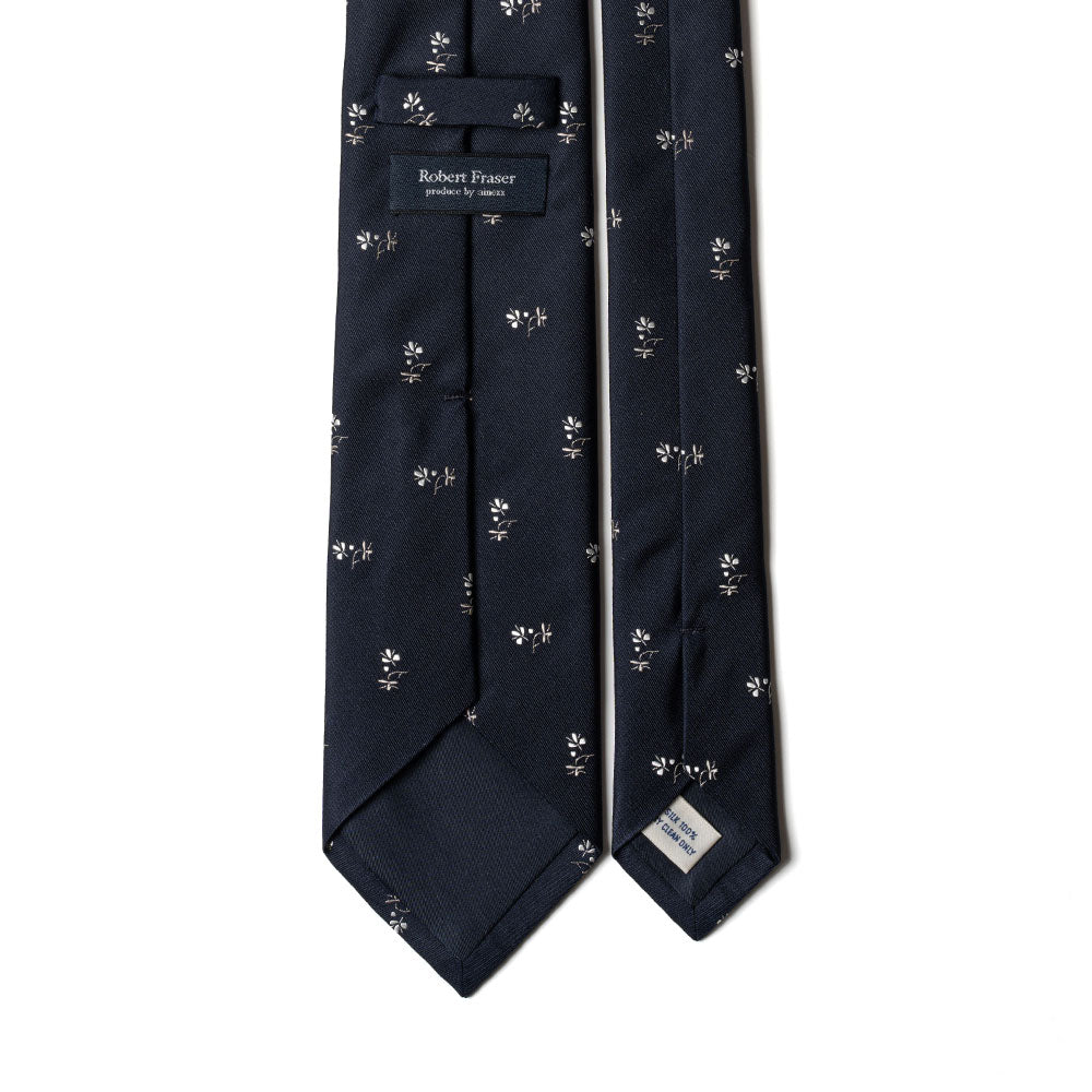 White Flower Pattern Dark Navy Woven Silk Tie