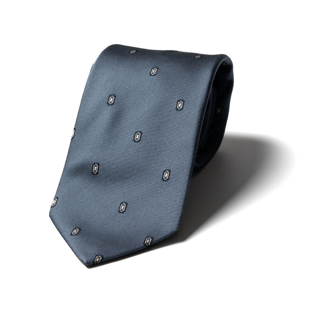 Geometric Medallion Pattern Azure Blue Woven Silk Tie