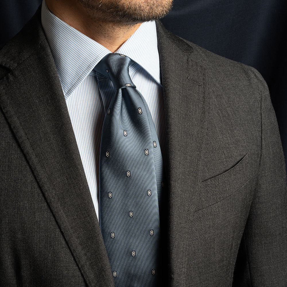 Geometric Medallion Pattern Azure Blue Woven Silk Tie